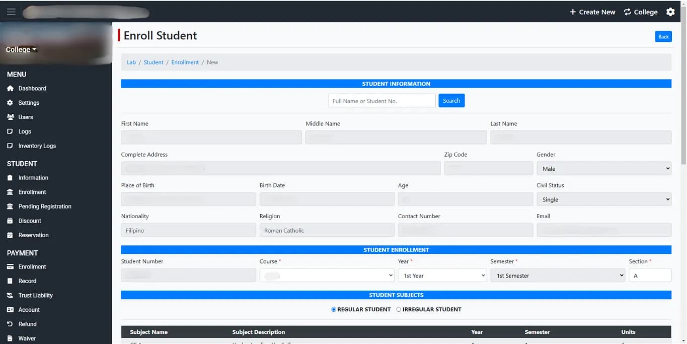 Enrollment System Enrollment Page A